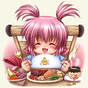 おいしそうな晩ご飯を前にして、ほくほく顔のクーピィ。この子がいずれ、伝説の『画術師』になる日が来るのでしょうか──? それはまた、別のお話。